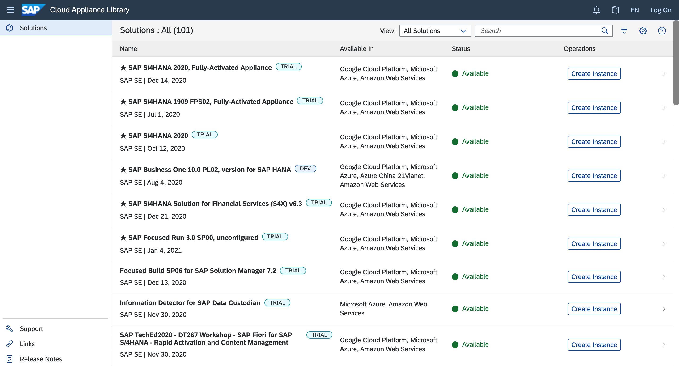 SAP Cloud Appliance Library catalogue